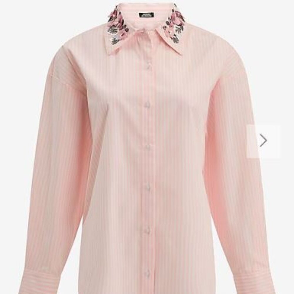 NWT Express Striped Embellished Collar Boyfriend Portofino Shirt - size XL